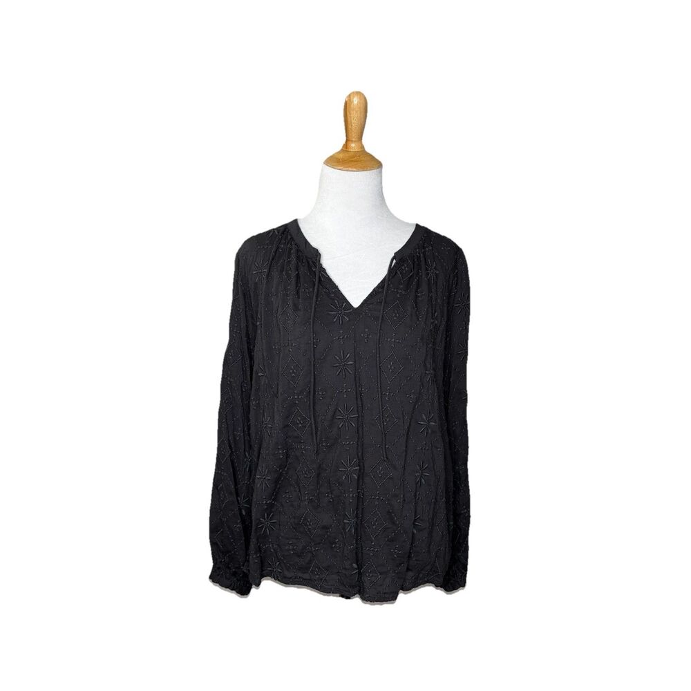 Old Navy Washed Black Split Neck Ruffle Trim Embroidered Blouse Top Size Medium